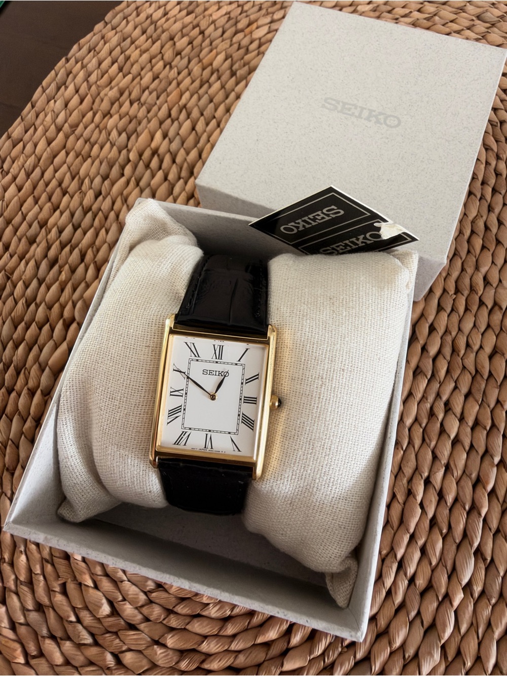 Seiko Gold-Tone Rectangular Dress Watch with Black Strap